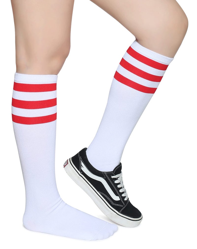 Pareberry Triple Stripes Soft Cotton Knee High Tube Socks for Men and Women (Red/White) - Image 2